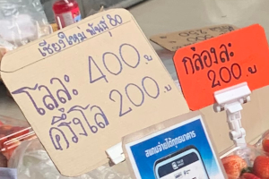 朝市のイチゴ屋台のプライスカードの様子